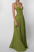 Halter Deep V Neck Lace Bodice Accordion Pleated Maxi Dress