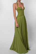 Halter Deep V Neck Lace Bodice Accordion Pleated Maxi Dress
