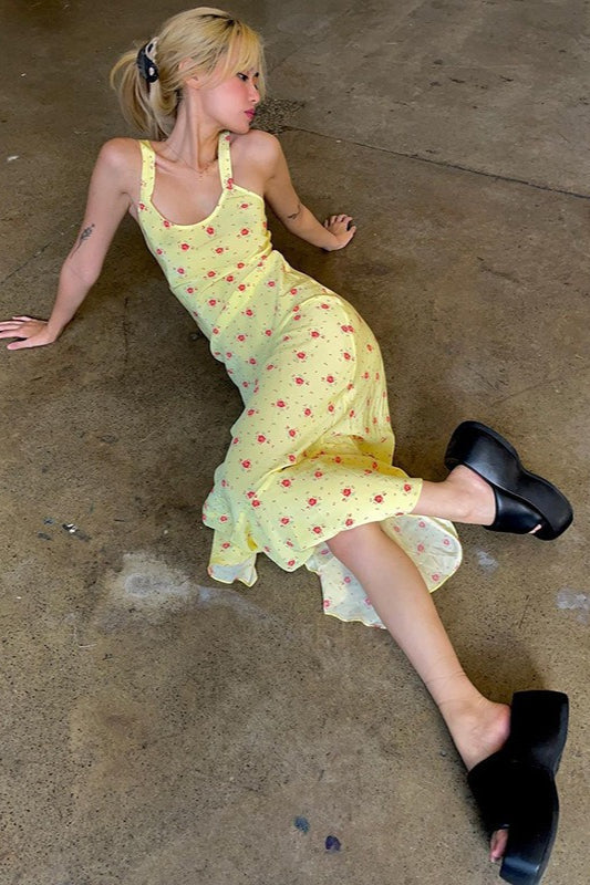 Yellow Scoop Neck Wide Strap Ditsy Floral Print Slip Maxi Dress