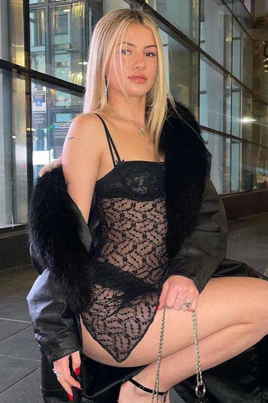 Floral Lace Sheer Spaghetti Strap Pointed Hem Mini Dress