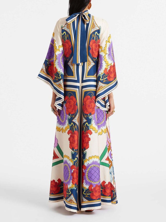 Deep V-Neck Scarf Print Kimono Sleeve Floral Maxi Dress