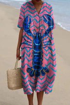 Lobster Graphic Oversized V-Neck Short Sleeve Linen Shift Midi Dress