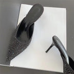 Sexy Party Prom Rivet Women Slippers with Pointed Toe and Thin High Heels