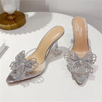 Crystal Bowknot Women Slippers with Sexy Pointed Toe and Strange Heels