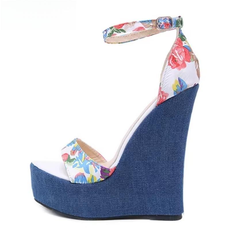 Print Denim Roman Wedges High Heels Sandals for Women by Fashion Designer