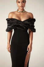 Off Shoulder Draped Satin Bodice High Split Column Maxi Gown