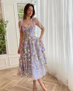3D Floral Applique Tie Shoulder Tulle Corset A-Line Mini Dress