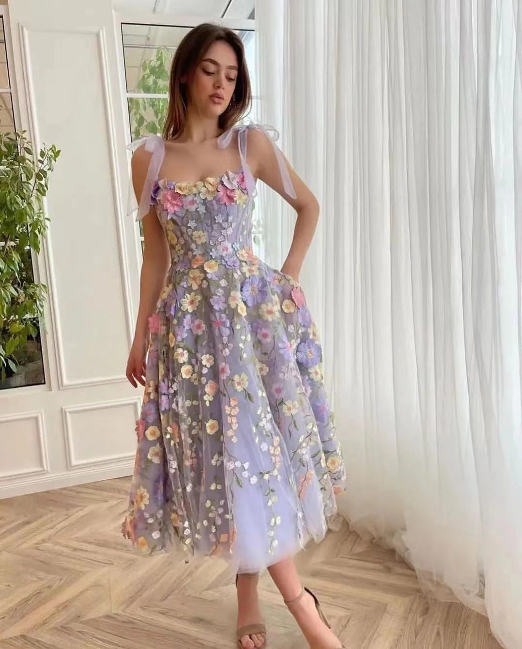 3D Floral Applique Tie Shoulder Tulle Corset A-Line Mini Dress