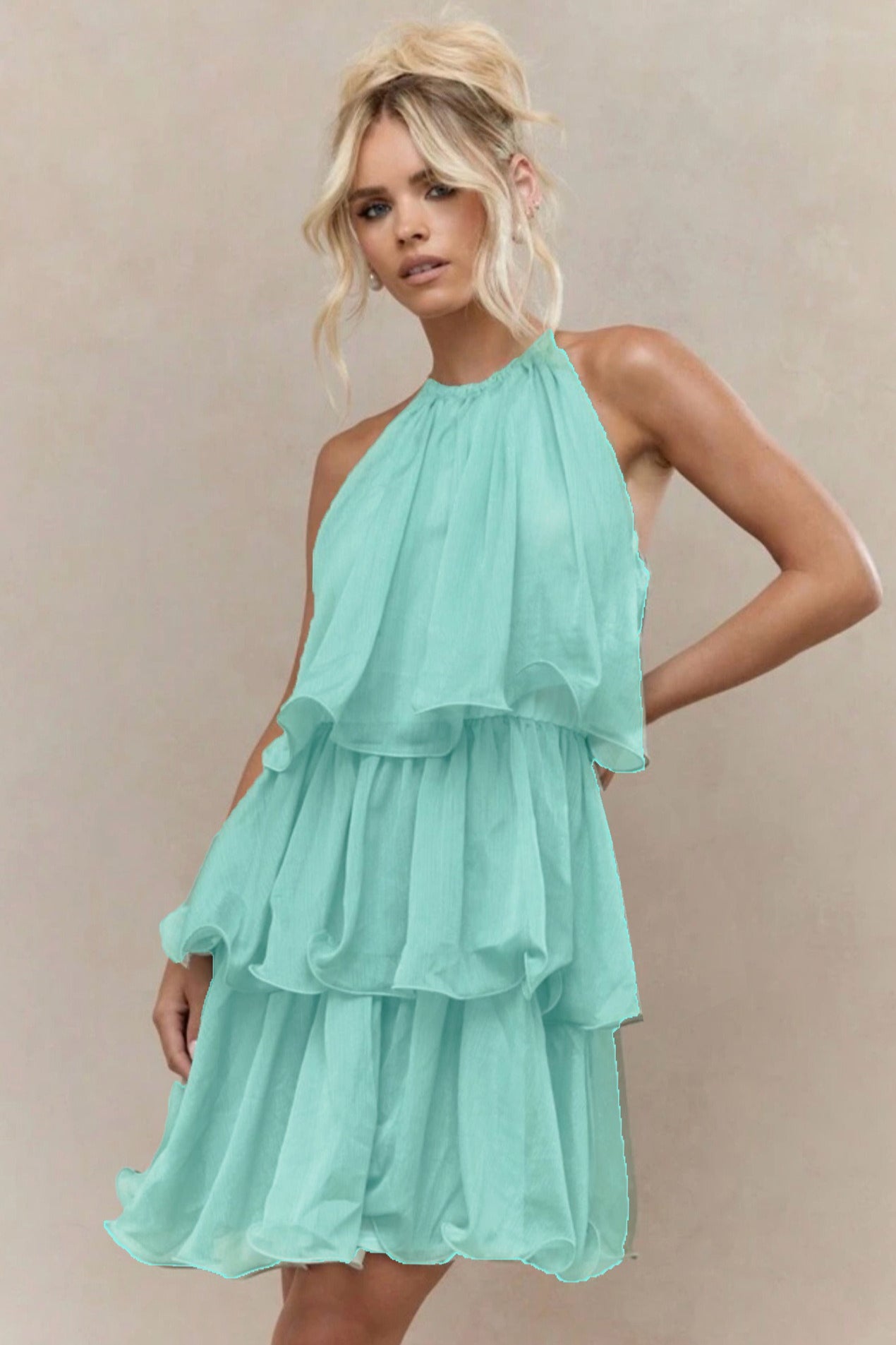 Halter Neck Tiered Ruffle Mini Dress