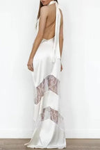 Halter Wrap V-Neck Chevron Lace Panel Satin Maxi Gown