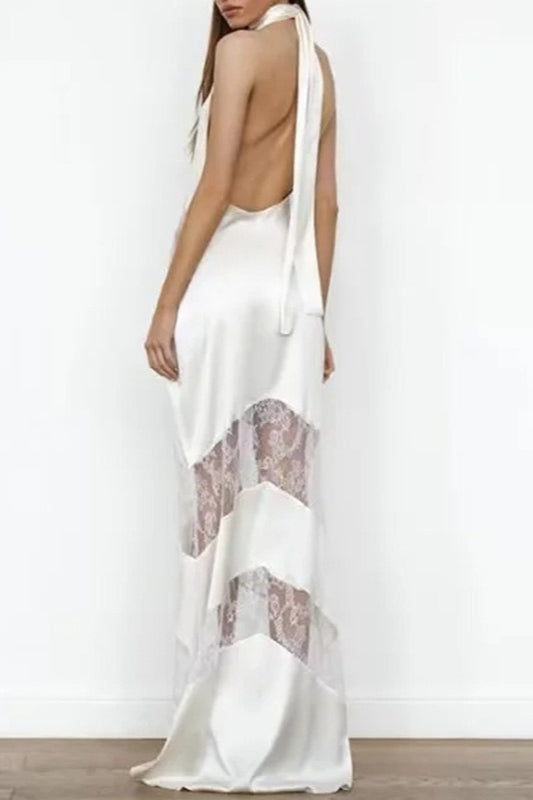 Halter Wrap V-Neck Chevron Lace Panel Satin Maxi Gown