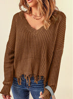 Blue Zone Planet | Fringe V-Neck Dropped Shoulder Sweater