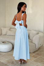 Square Neck Gathered Bust Wide Strap Pleated Pocket Midi Dress