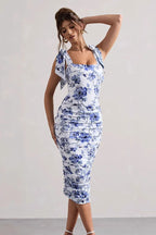 Square Neck Bow Strap Ruched Floral Toile Bodycon Midi Dress