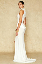 Mock Neck Sleeveless Draped Hip Detail High Split Maxi Dress