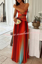 Sardinia Sunset Mesh Printed Twist Cutout Off Shoulder Vacation Maxi Dress