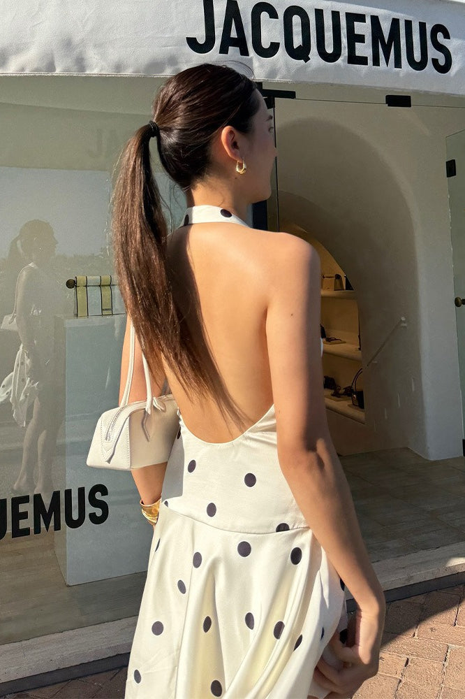 Polka Dot Halter V-Neck Backless Handkerchief Hem Ruffle Mini Dress