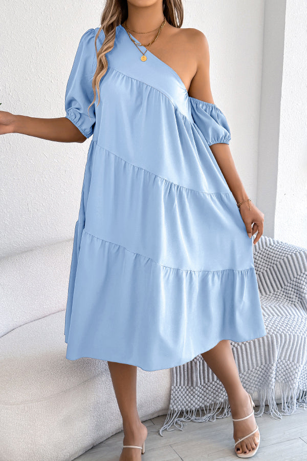 Solid Color Loose Slash Neck Short-sleeved Casual Midi Dress