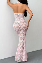 Halter Deep V Lace Cutout Oval Midriff Bodycon Maxi Dress