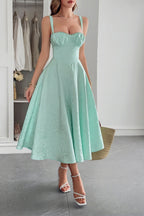 Jacquard Floral Bustier Lace Trim Pointed Waist Fit and Flare Midi Dress