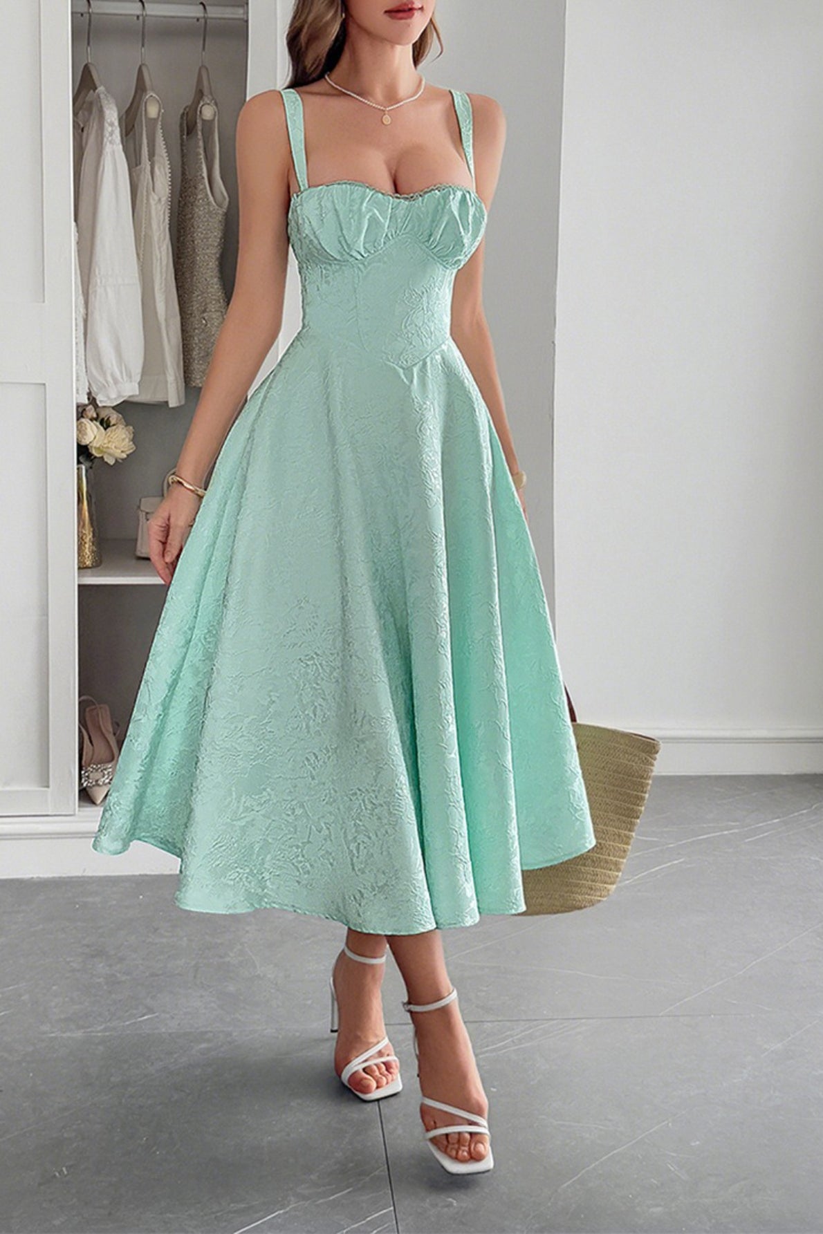 Jacquard Floral Bustier Lace Trim Pointed Waist Fit and Flare Midi Dress