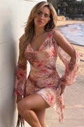 Apricot Cowl Neck Split Sleeve Print Mesh Mini Dress