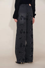 Jhenie Denim Beaded Sequin Floral Pattern Mid Rise Pocket Wide Leg Jeans