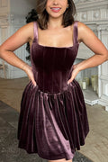 Velvet Square Neck Corset Seam Gathered Fit and Flare Mini Dress