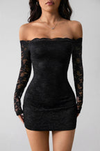 Lace Off Shoulder Long Sleeve Scalloped Trim Bodycon Mini Dress