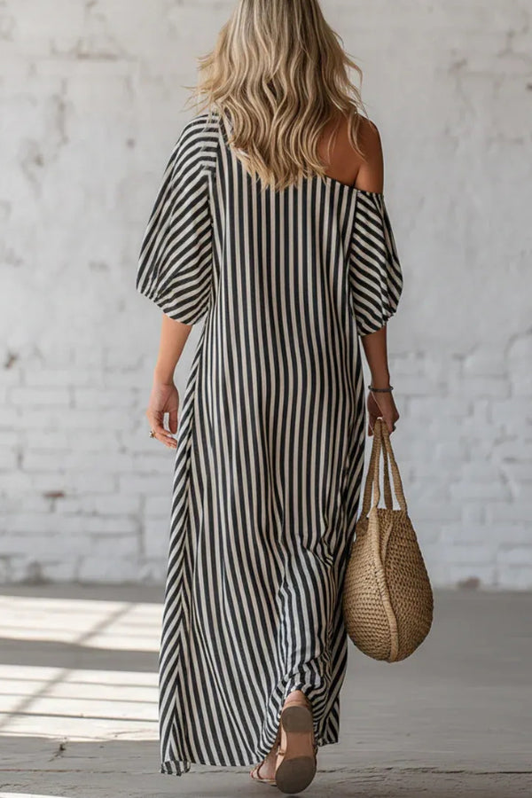Fashionable Striped Print Slash Neck Puff Sleeve Casual Maxi Dress