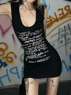 Letter Print U Neck Wrap Hip Mini Dress