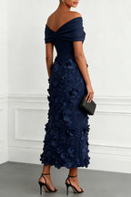 Classic 3D Floral Embroidery Off The Shoulder Short Sleeve Sheath Midi Dress