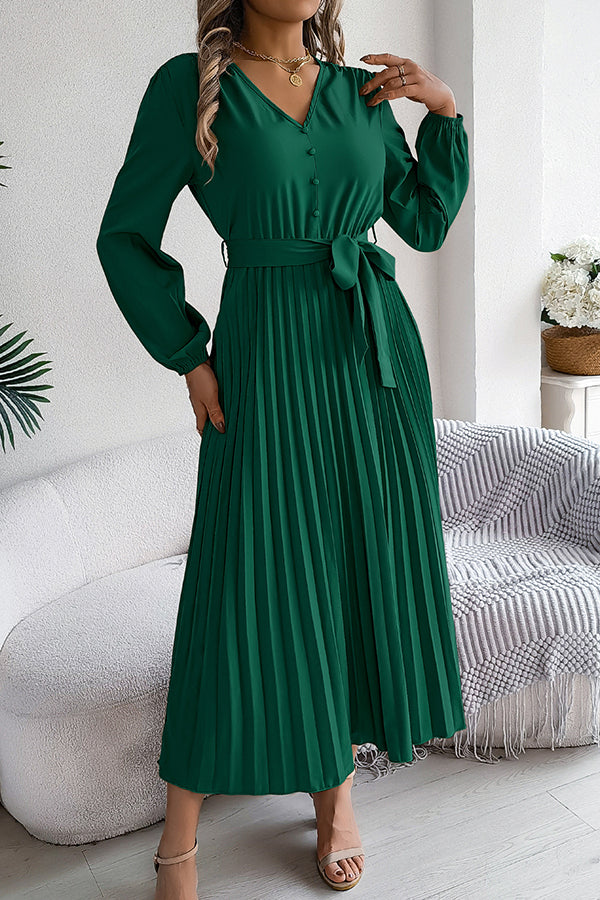 Deep V-Neck Bishop Sleeve Button Front Pleated Belted Midi Dress