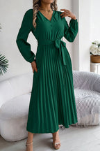 Deep V-Neck Bishop Sleeve Button Front Pleated Belted Midi Dress