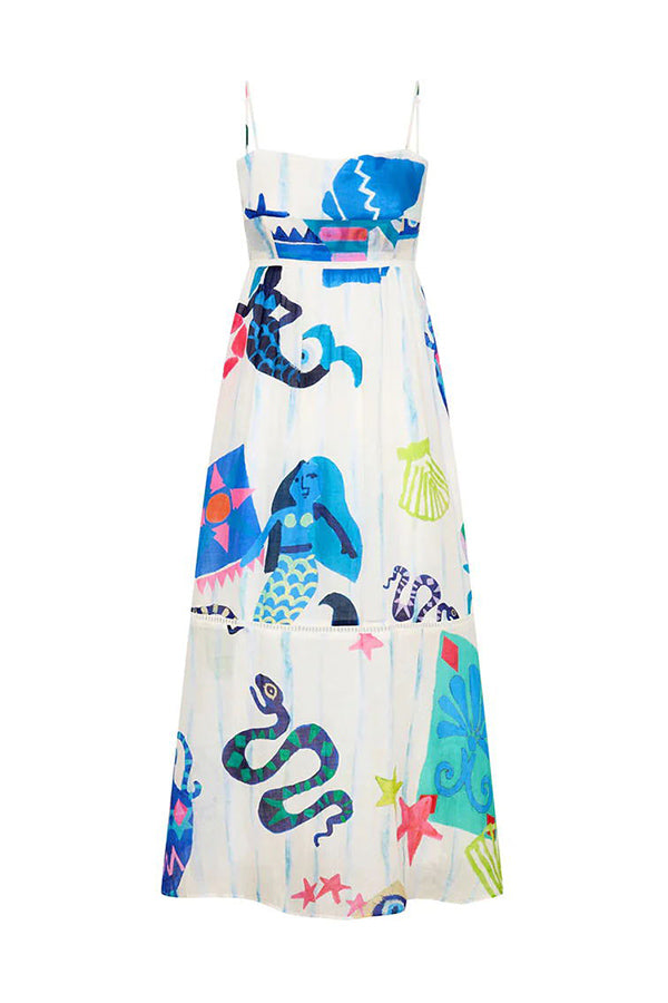 Graphic Print Spaghetti Strap Tiered Eyelet Trim Midi Dress