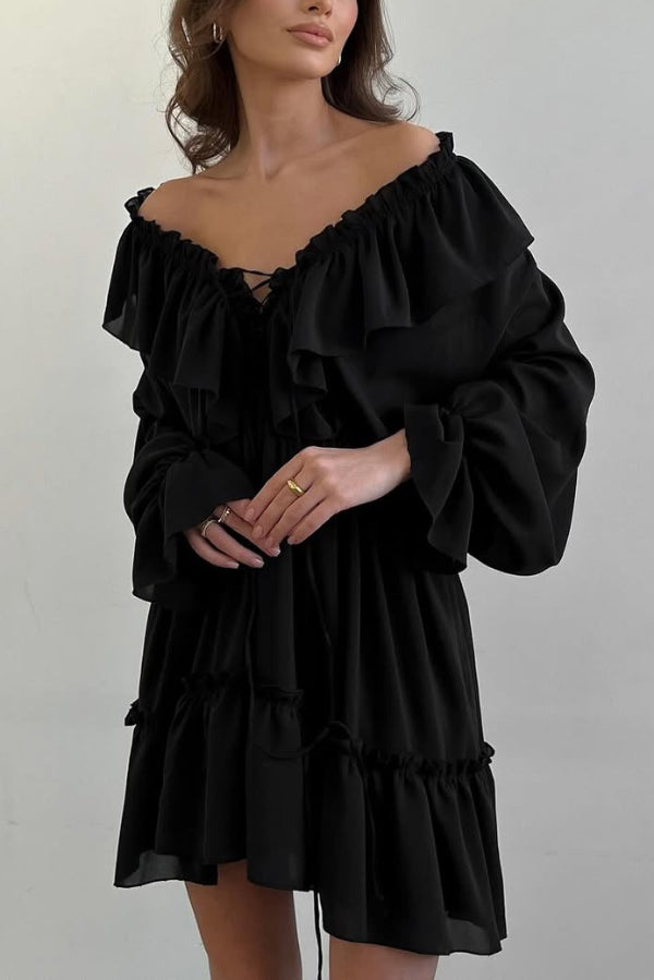 Solid Color V-neck Ruffled Ruched Long-sleeved Vacation Mini Dress