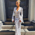 Lace Deep V-Neck Bell Sleeve Mermaid Maxi Dress