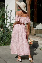 Off Shoulder Ruffle Tiered Jacquard Ladder Lace Trim Maxi Dress