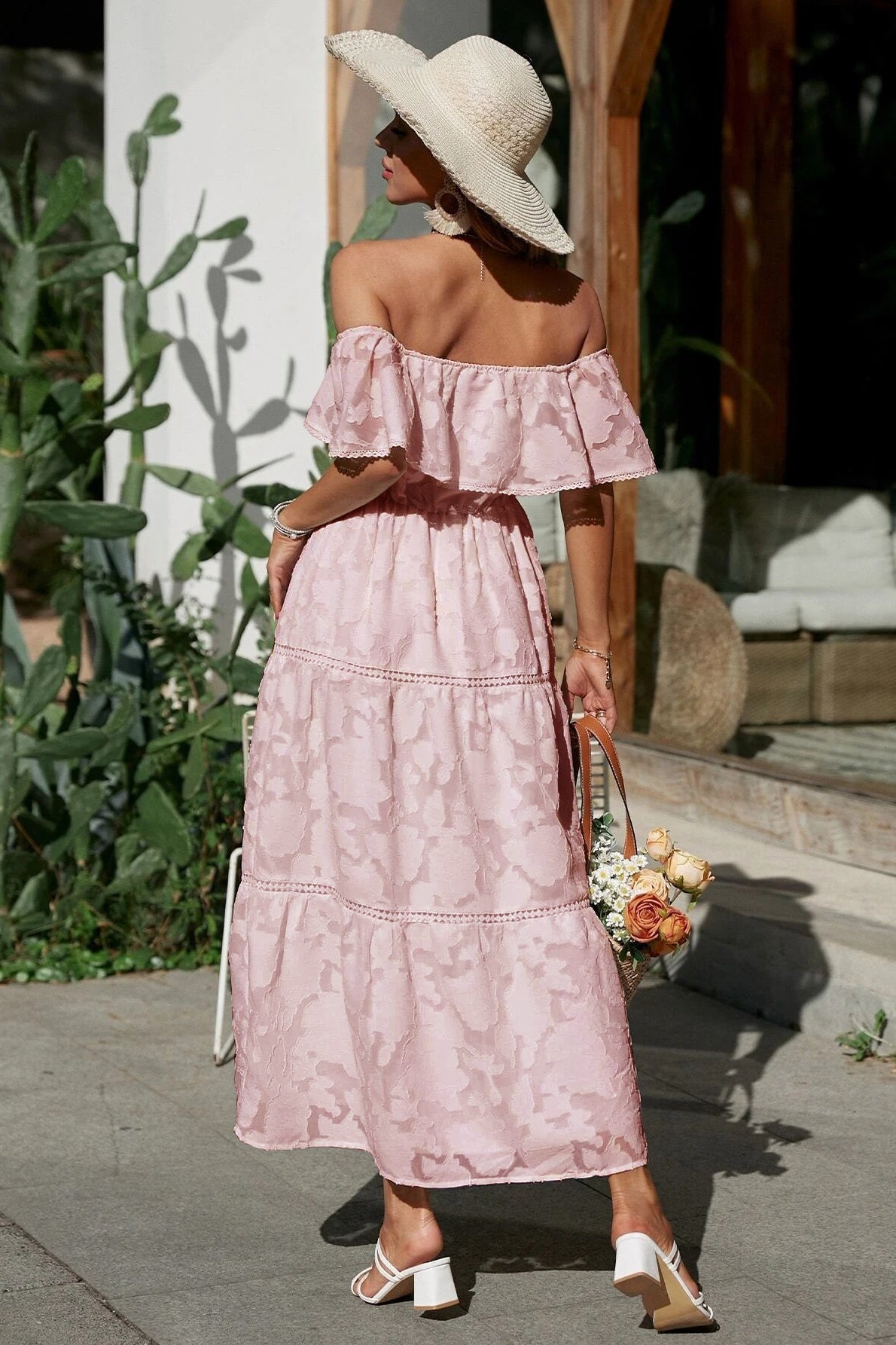 Off Shoulder Ruffle Tiered Jacquard Ladder Lace Trim Maxi Dress