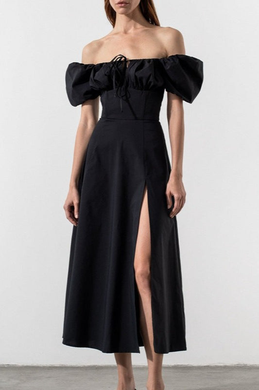 Off Shoulder Puff Sleeve Corset Tie Front High Split Maxi Dress