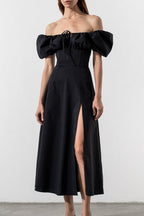 Off Shoulder Puff Sleeve Corset Tie Front High Split Maxi Dress
