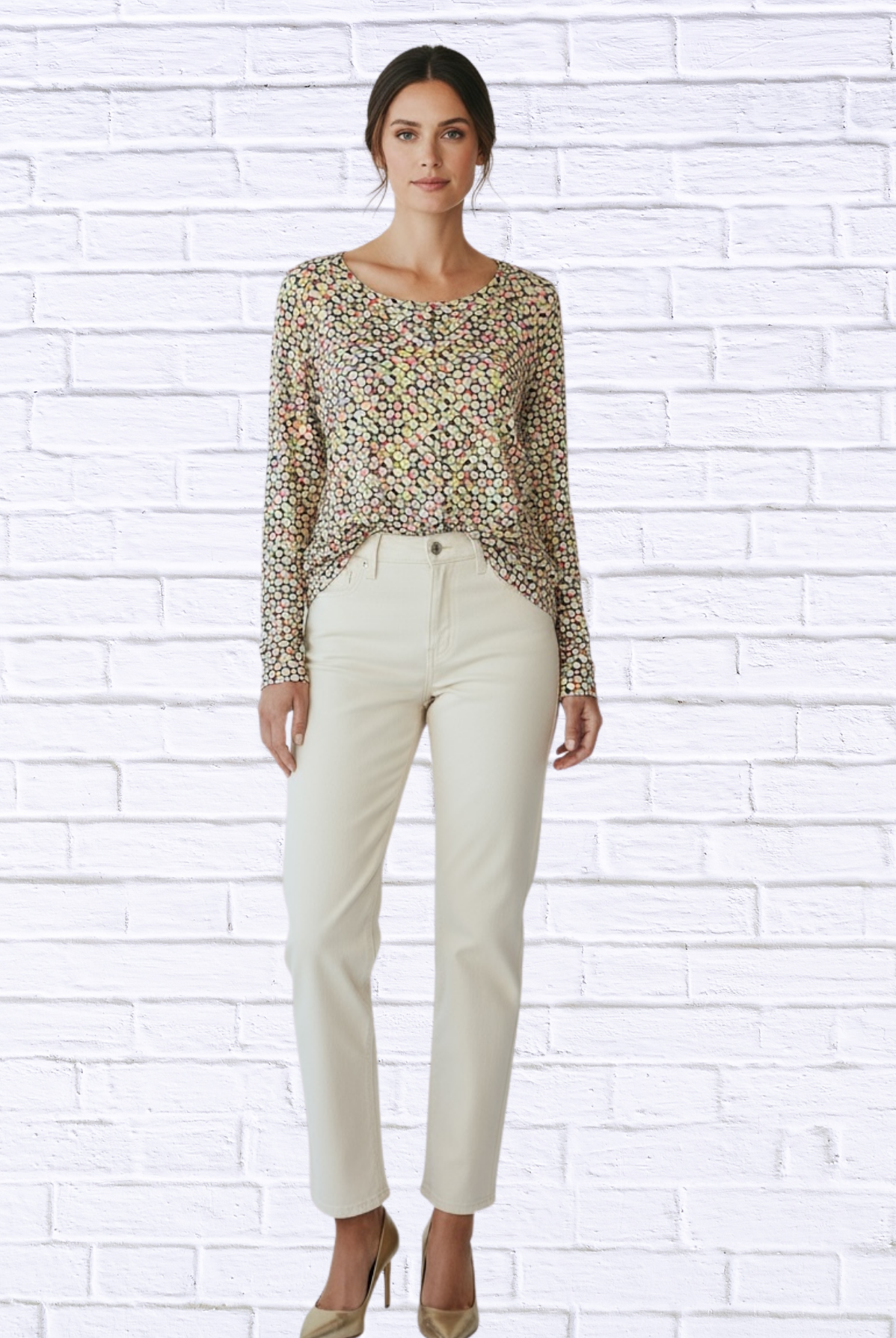 Floral Geometric Print Long Sleeve Woven Blouse _ Lightweight Round Neck Tunic Top for Women