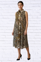 Animal and Paisley Print Sleeveless Maxi Dress _ High Neck Bow Detail Flowy Woven Dress