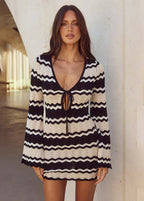Crochet Knit Chevron Print Tie Front Bell Sleeve Mini Dress