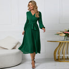 Guillermina Minimalist Pleated Midi Dress with a Crossover V Neck Designer Edit