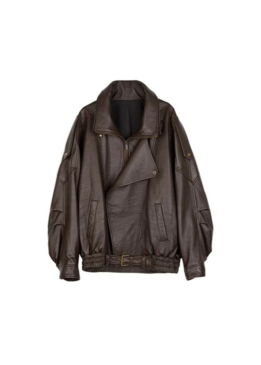 | Women's Belted Oversized Leather Bomber Jacket