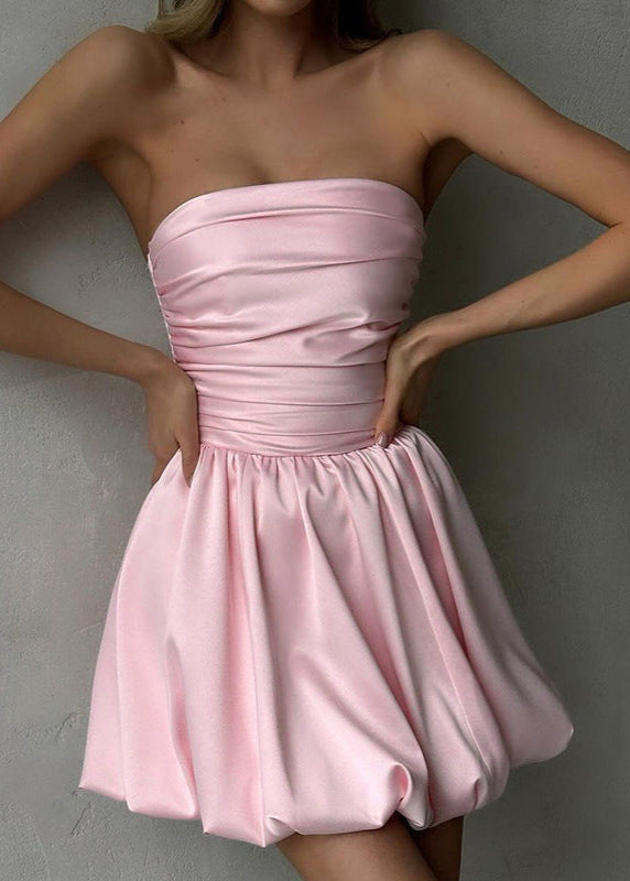 Strapless Ruched Bodice Bubble Hem Pleated Fit and Flare Mini Dress