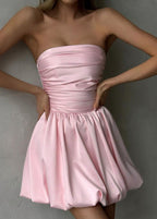 Strapless Ruched Bodice Bubble Hem Pleated Fit and Flare Mini Dress
