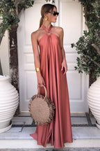 Satin Halter Ring Detail Draped Backless Floor Length Maxi Dress