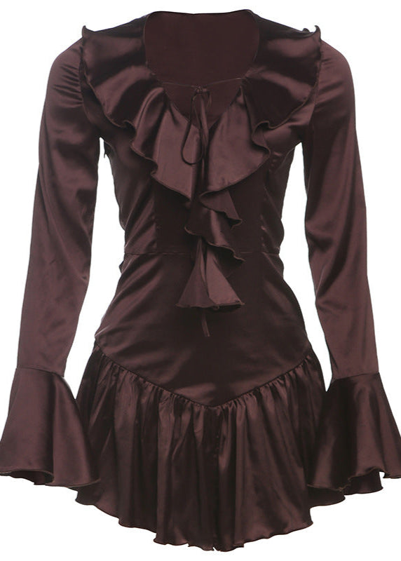 Satin Ruffle Collar Tie Front Bell Cuff Tiered Ruffle Mini Dress